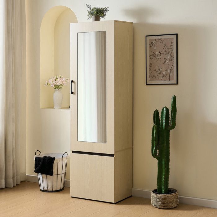 Meuble dEntrée Étroite avec Miroir - 54x34.5x179.5cm - Meuble Vestiaire avec Tringle Extensible - Bois