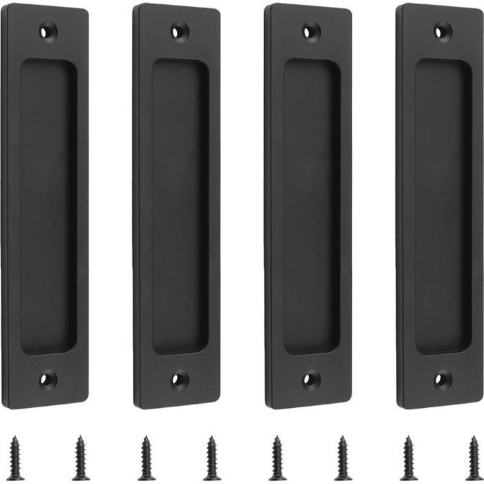 Lot 4 poignées porte coulissante grange - rectangulaires encastrées aluminium noir + vis