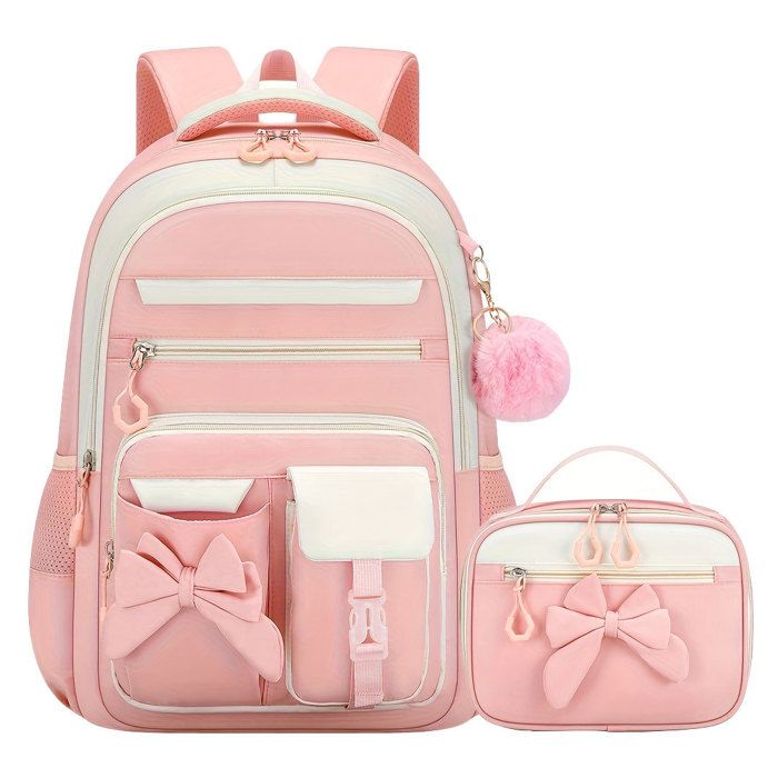 XJYDNCG 2Pcs Cartable Fille PrimaireSac à Dos EnfantEnsemble Sac Scolaire Multi‑compartiments Noeud - ED02- Rose