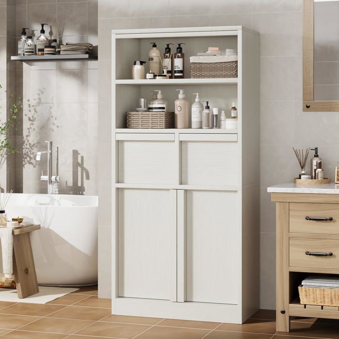 Armoire de Salle de Bain Colonne avec Tiroir Compartiments(2 portes & 2 tiroirs) 60 x 30 x 129 cm Blanc