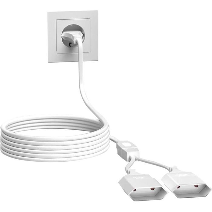 Rallonge Câble Alimentation 2M - Type C Euro Double Prise - Extension 2 5A/250V Pour Tv Moniteur Lampes - Blanc