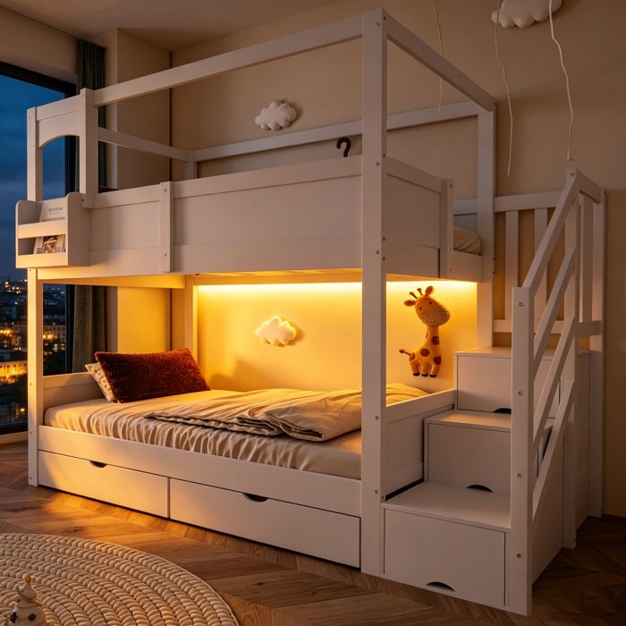 Lit superposé enfant 90x200 cm Style cabane Escalier avec rangements 2 tiroirs Tableau amovible Étagère modulable Bois Blanc
