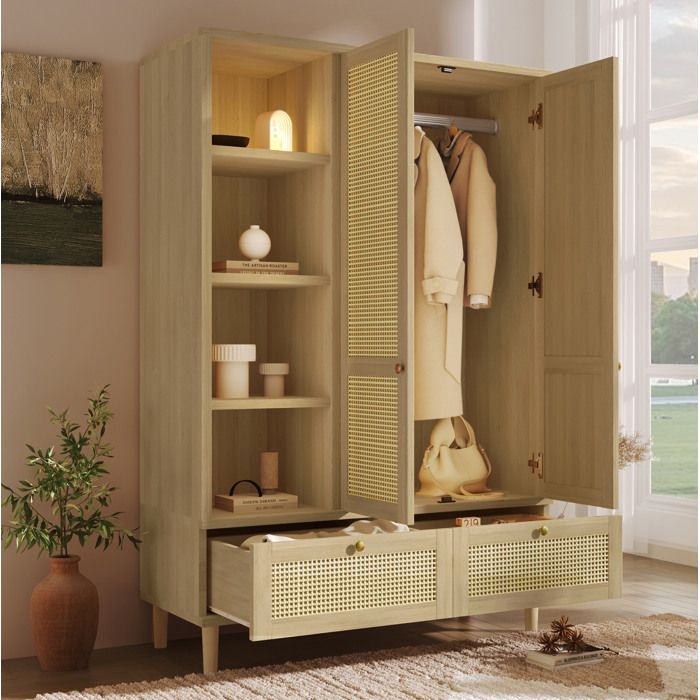 Armoire de chambre 120 x 50 x 180 cm en MDF bois et métal chêne 2 portes cannage étagères ouvertes barre penderie 2 tiroirs