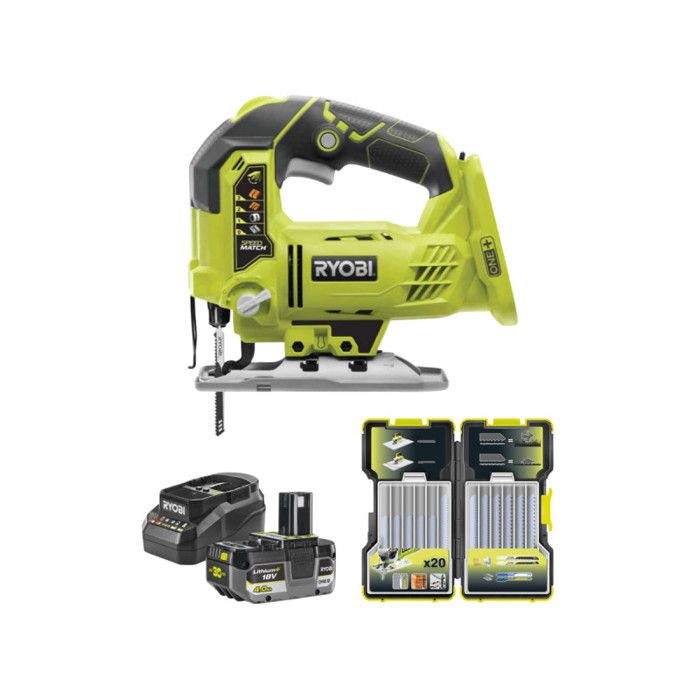 Pack scie sauteuse pendulaire RYOBI 18 V One+ R18JS Batterie 4.0Ah et chargeur Coffret 20 lames