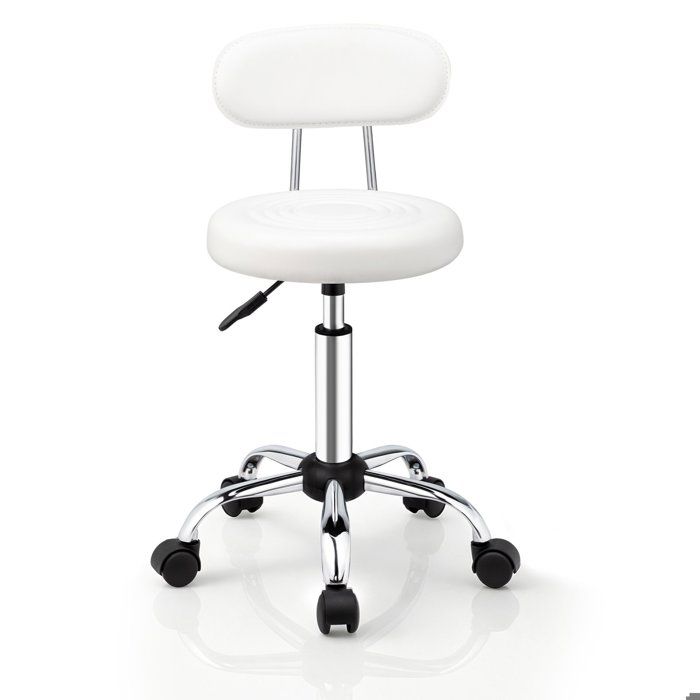Tabouret roulettes avec Dossier - VINGLI - Tabouret de Bureau Rotation à 360° - Hauteur Réglable 69-84 cm - PU - Blanc