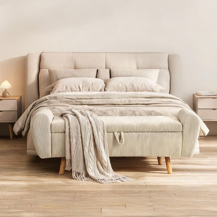 Banquette coffre 150 cm en pana beige rangement intégré sous lassise piétement en bois massif