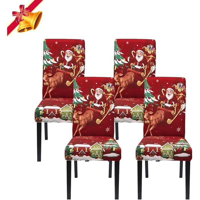 Housse de chaise festive Noël lot de 4 couverture extensible lavable pour décoration de fête 4 HOUSSE DE CHAISE