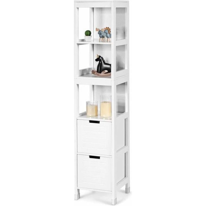 Giantex Meuble colonne de salle de bain à 5 niveaux meuble de rangement en bois avec 3 étagères ouvertes et 2 tiroirs amovibles Giantex Meuble colonne de salle de bain à 5 niveaux meuble de rangement en bois avec 3 étagères ouvertes et 2 tiroirs amovibles