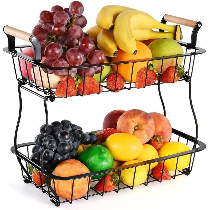 Acheter Panier de rangement de fruits et légumes à 2 niveaux, paniers de  rangement en fil métallique détachables, organisateur avec poignée en bois