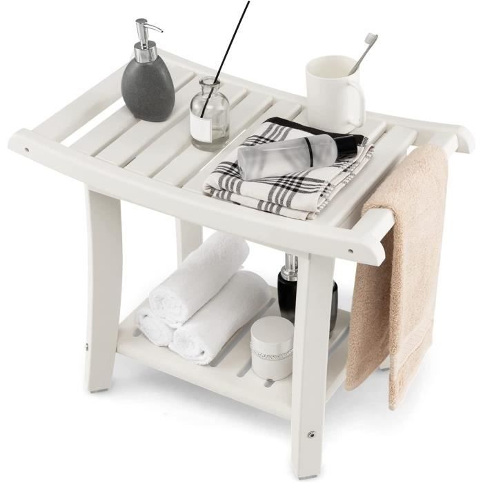 Tabouret Douche 2 Niveaux LIFEZEAL - Banc HDPE 150kg, Étagère Rangement, Blanc 60.5x34x48cm