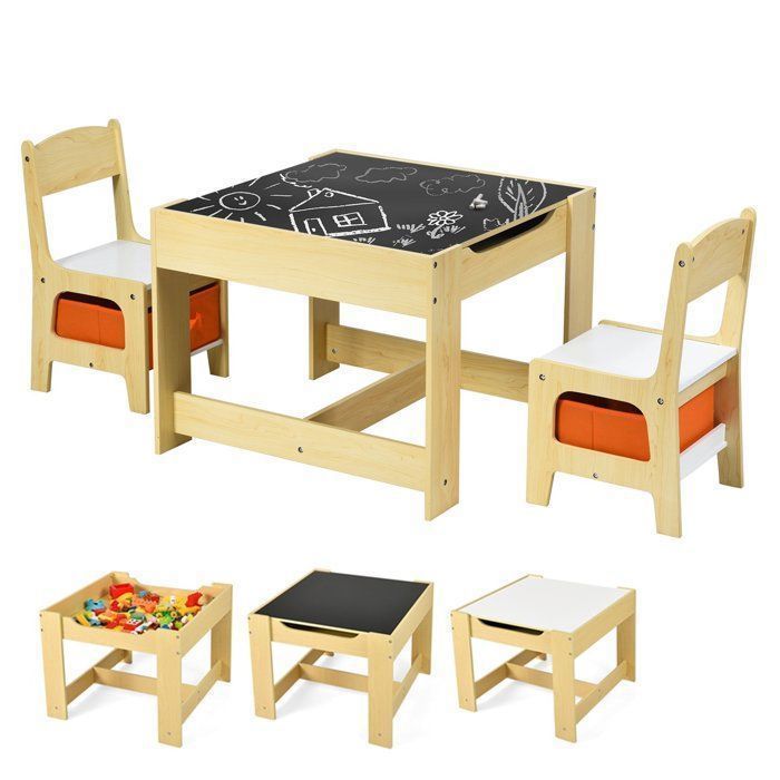 COSTWAY Ensemble Table et 2 Chaises 3 en 1 pour Enfants -2 Face (Noir&Blanc) 2 Boîtes de Rangement - DessinManger Etudier Jouer