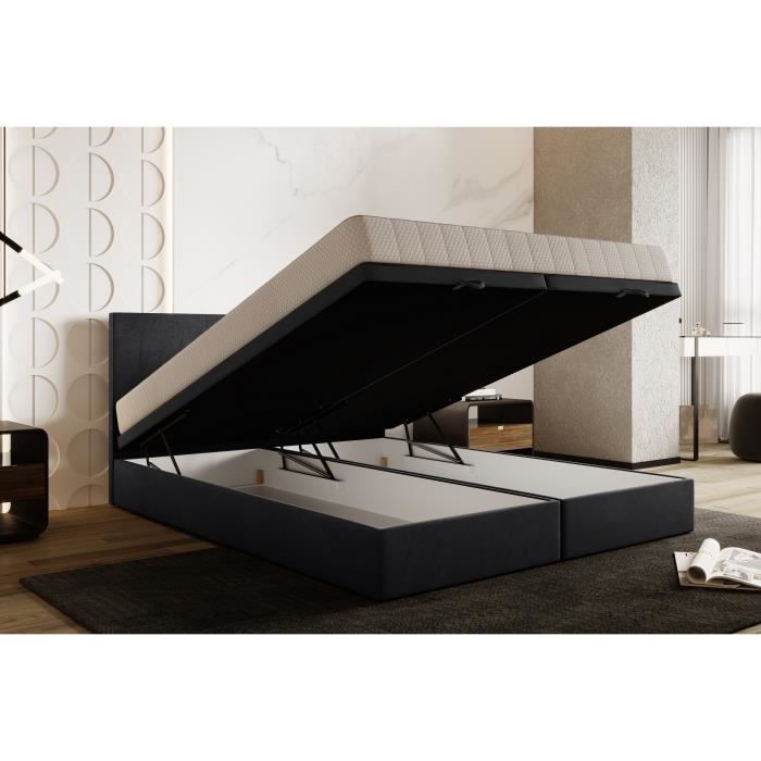Lit adulte 140x200 cm SIESTA - rembourré avec rangement et matelas ressorts ensachés – tissu velours - gris foncé Lit adulte 140x200 cm SIESTA - rembourré avec rangement et matelas ressorts ensachés – tissu velours - gris foncé
