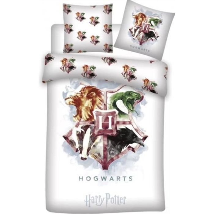 Harry Potter - Drap Housse Enfant Coton Blanc Blasons - Literie 90