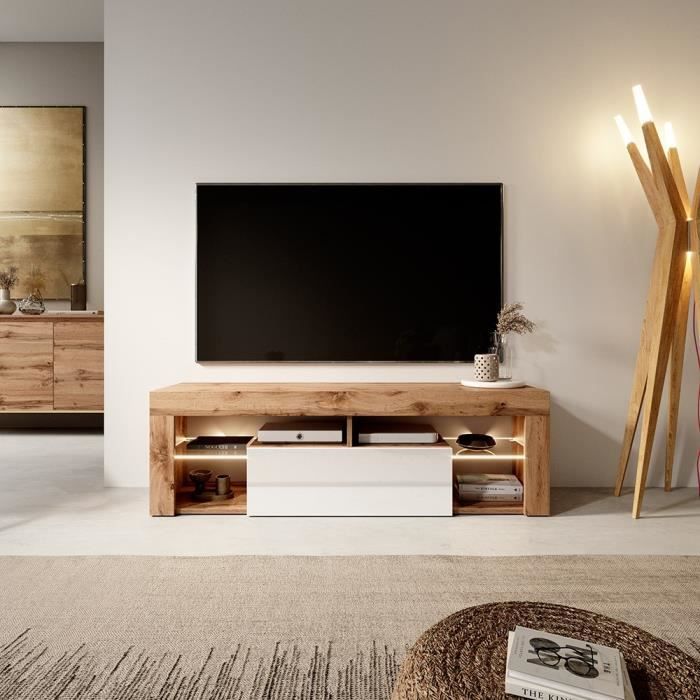 Meuble TV - BIANKO - 140 cm - chêne lancaster / blanc brillant - avec LED -  style moderne - tablettes en verre - Cdiscount Maison