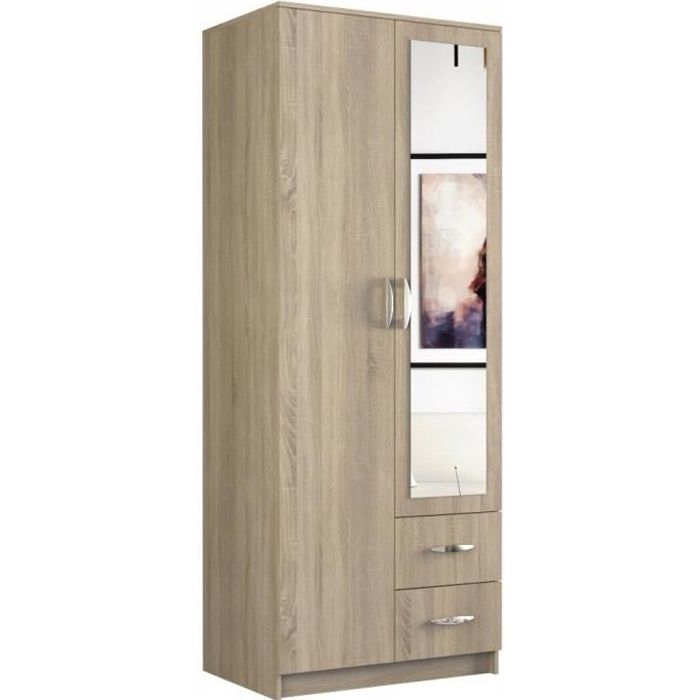 ROMA - Petite Armoire chambre bureau - Penderie multifonctions - 2 portes -  Miroir - 2 tiroirs - Meuble de rangement - Dressing - Cdiscount Maison