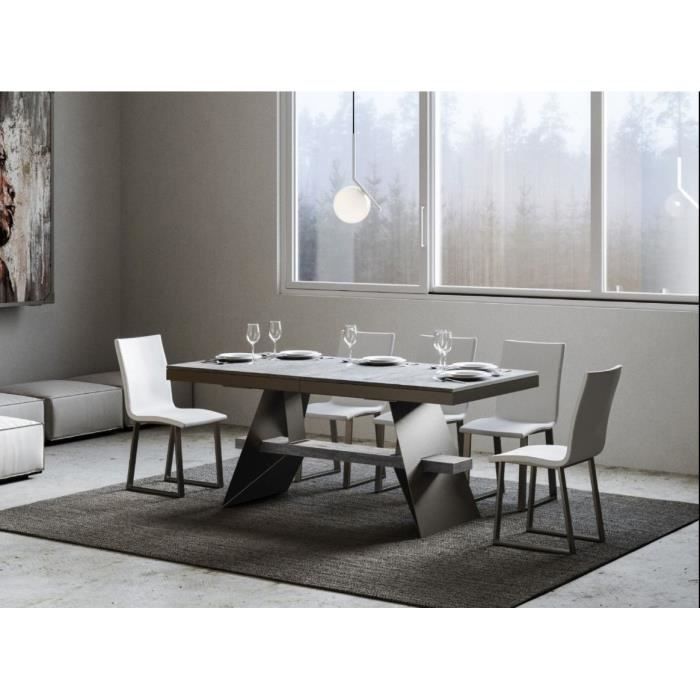table à rallonges bois gris effet béton avec un cadre et des pieds acier gris foncé 8 à 14 places l 180 à 284 cm borys