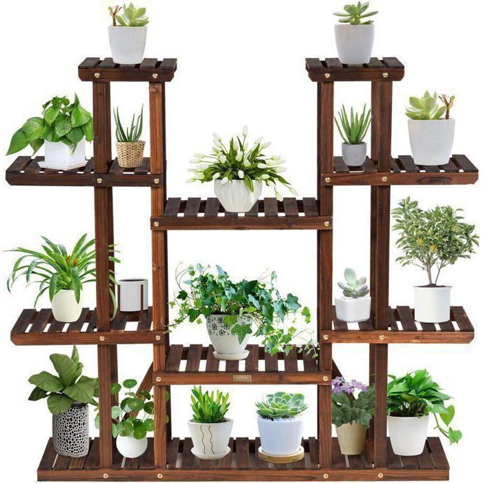 Porte-Plante avec 9 Tablettes pour 18 Pots COSTWAY en Bois 125 x 25 x 114 CM Étagère à Fleurs pour Terrasse Jardin Balcon Salon