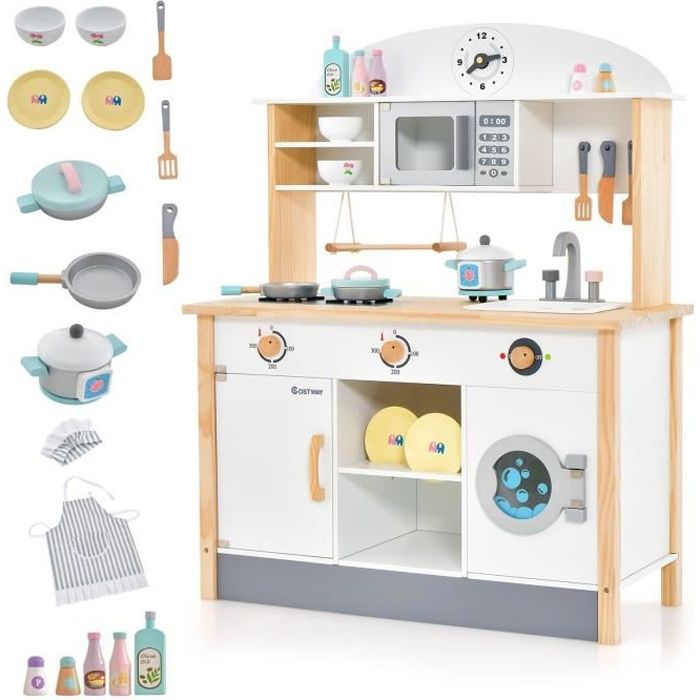 DREAMADE Cuisine Enfant de 3+ Ans, avec Micro-Ondes, Cuisinière, Téléphone, Cuisine en Bois avec 5 Accessoires, Équipé Sonore et Lumineuse, (Blanc + Naturel