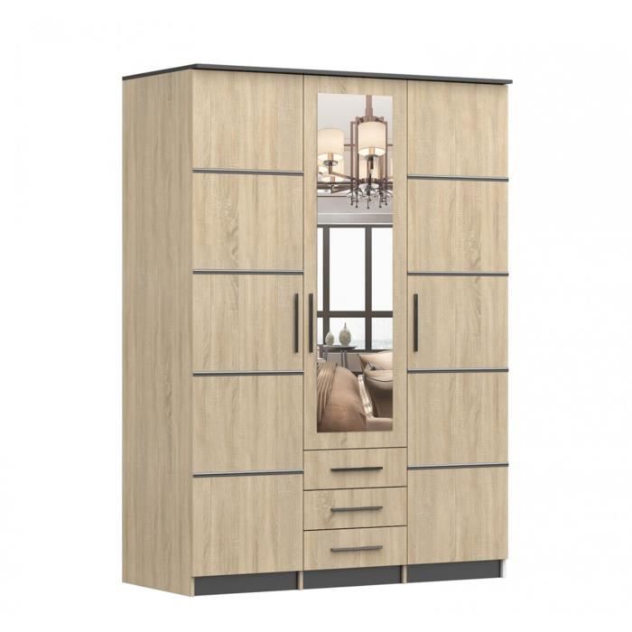 Armoire de chambre avec miroir, 3 portes pivotantes et 3 tiroirs avec étagères - 152x61x208 - ANTIS I 3D (Sonoma, 150)