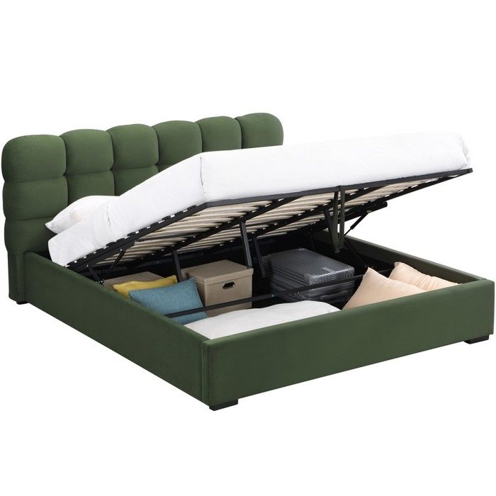 Lit coffre adulte 180x200 cm avec sommier et tête de lit capitonnée en velours vert kaki - Lola Lit coffre adulte 180x200 cm avec sommier et tête de lit capitonnée en velours vert kaki - Lola