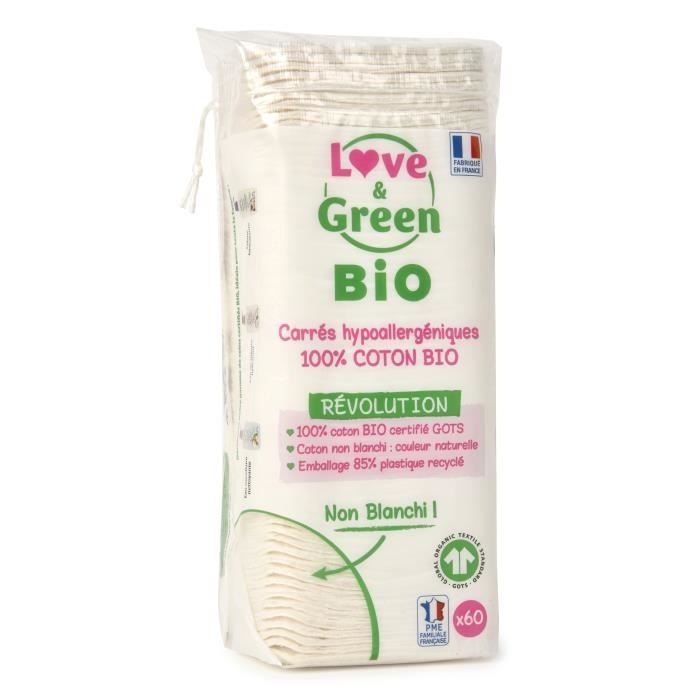 Carrés Coton Bio Love & Green X60 - Hypoallergéniques, Non Blanchis - Change Bébé Et Démaquillage
