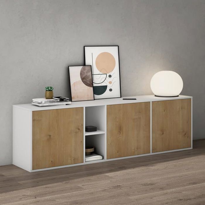 Mai & Mai Meuble de Rangement avec 3 Portes et 2 Compartiments Blanc Mat + Marron Clair 180x36x52 6 cm SR02