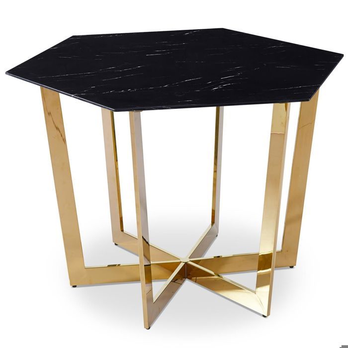 MENZZO Table hexagonale 120cm Zadig Verre Effet marbre noir et pied Métal Or - table à manger L120 x P120 x H75 cm