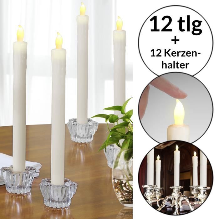 Set de 12 bougies LED en cire véritable Chandelle sans flamme avec bougeoir  en verre Lumière blanc chaud - Cdiscount Maison