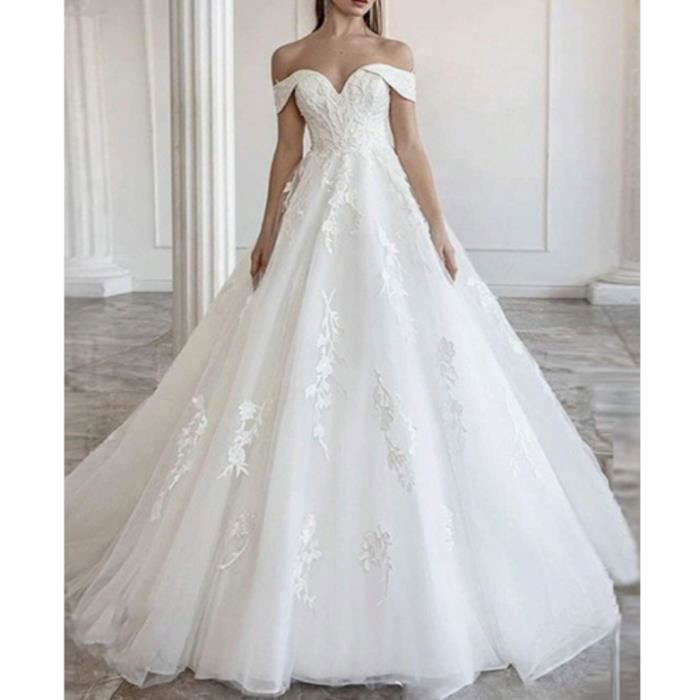 GRMTCOLT?� Tulle Epaules D?�nud?�es Dos Nu Avec Tra?�ne Dentelle Robe De Mari?�e Pure blanc 