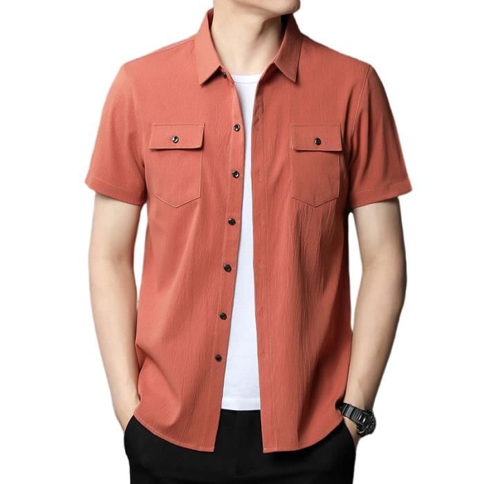 Chemise Homme Manches Courtes Regular Fit Avec Poches Casual Chemise Cargo  Ete Couleur Unie Confortable Rouge