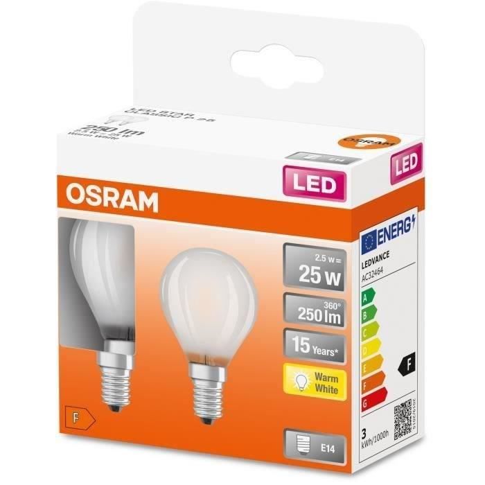 OSRAM - Boite de 2 LED sphérique verre dépoli 2.5W E14 250lm 2700K chaud