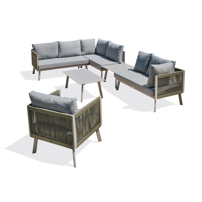Salon de jardin dangle 7 places en aluminium et corde - Gris clair - MANOSQUE
