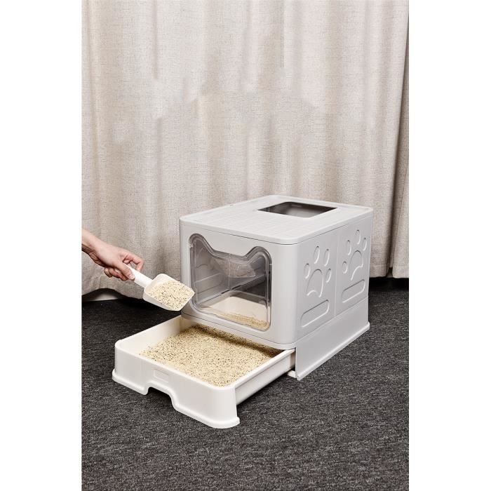 Comparer les prix de RAIKOU Bac à litière pliable pour chat avec couvercle - Grand, bac à litière avec tiroir coulissant et pelle,bac à litière pour chat