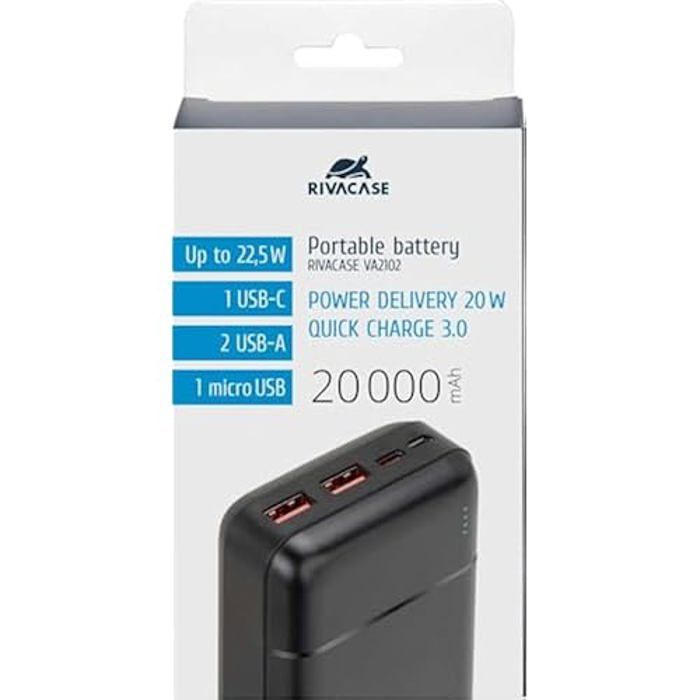 Batterie Externe - RIVACASE VA2102 - 20000mAh - 2 Entrées Type-C - 3 Sorties QC/PD
