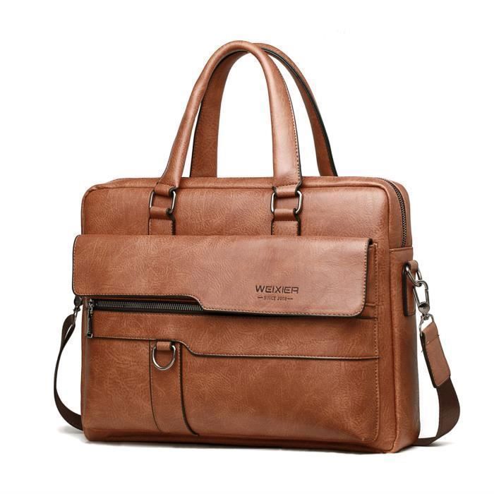 Sac bandoulière homme cuir PU rigide Porte-documents Sac d'affaires - Marron