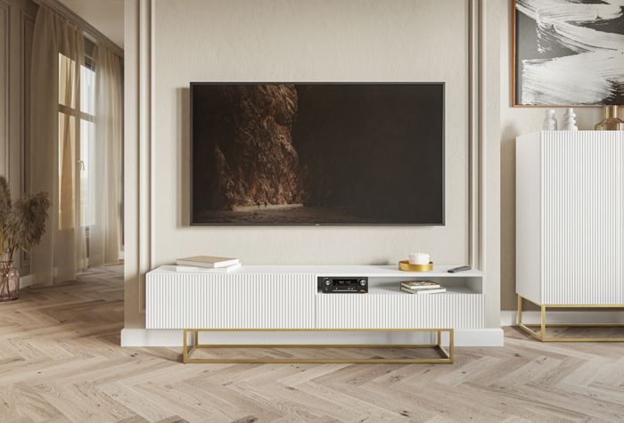 Selsey VELDIO - Meuble TV avec niche - 175 cm - blanc sur pieds dorés