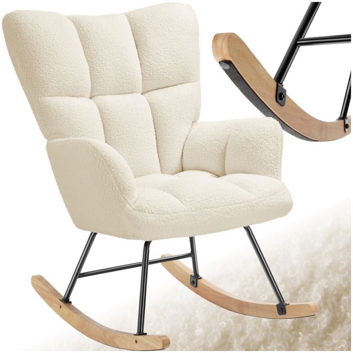 Fauteuil à bascule - TECTAKE - Fauteuil à bascule TORVE en polyester acier robuste grand dossier embouts bois doux - Bouclé beige