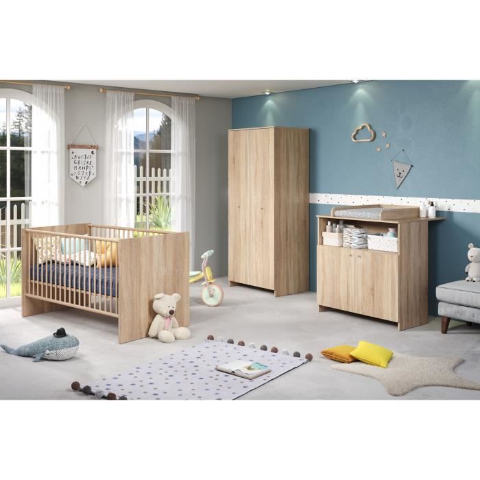Chambre bébé trio NIKO - Lit 70x140 cm + Commode à langer 2 portes + Armoire 2 portes - Décor chêne 