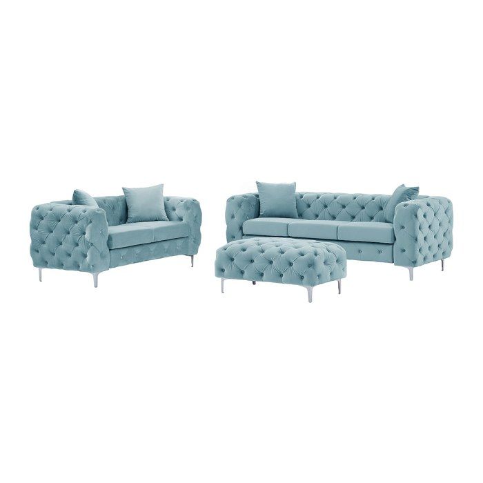 Canapé 3 places 2 places et pouf chesterfield en velours bleu pastel EDWINA