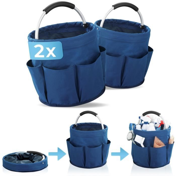 WENKO Panier rangement produit d'entretien, 6 rangements, pliable avec poignée de transport, bleu, Lot de 2