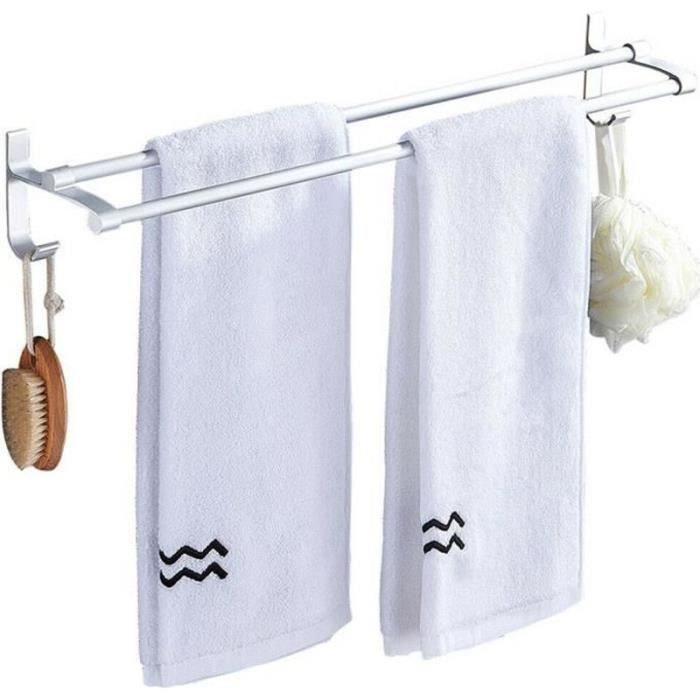Porte Serviettes Salle De Bain 60 Cm Sans Percage - Acier Inoxydable 304, 2 Étages, Avec Crochets, Noir - 2