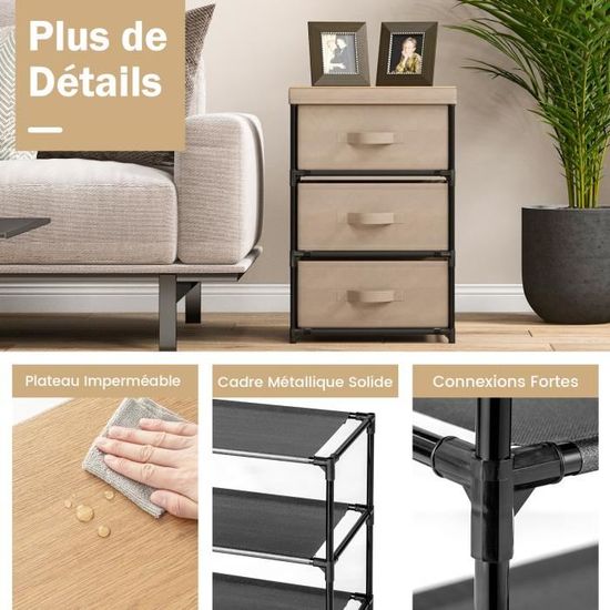 COSTWAY Commode 3 Tiroirs en Tissu 40 x 30 x 62 cm, avec Cadre en Métal, Meuble Tiroir Rangement pour Chambre, Industriel, Café - Maison