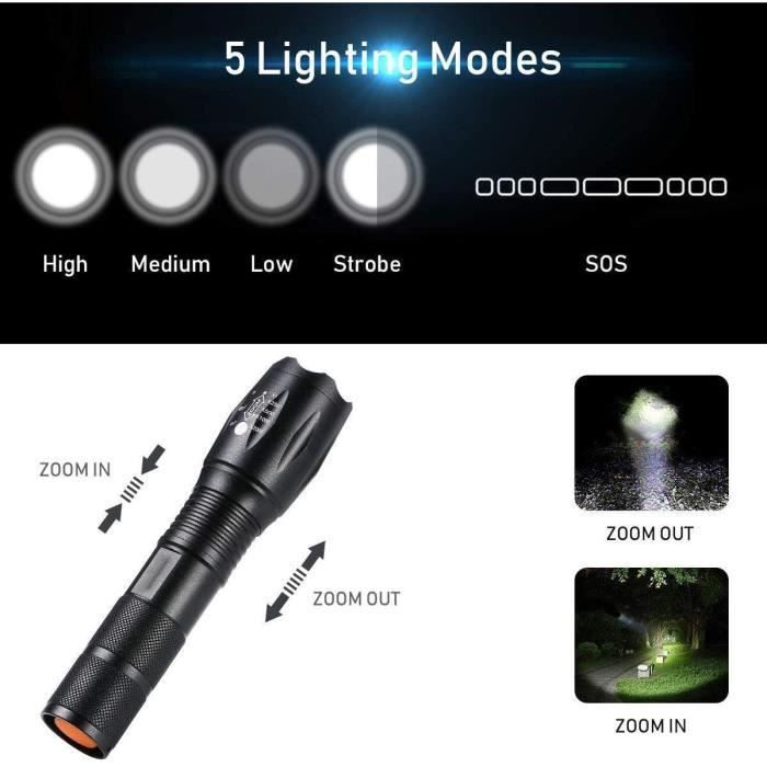 Lampe torche tactique LED 50000W avec zoom