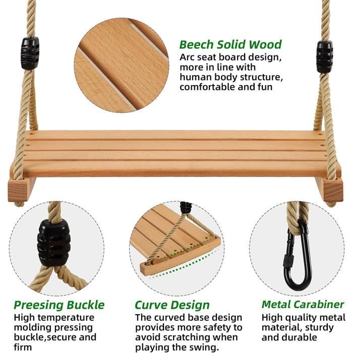 Balançoire En Bois Pour Enfants Et Adultes - Supporte 150 Kg, Corde Réglable | Pour Arbre Ou Intérieur