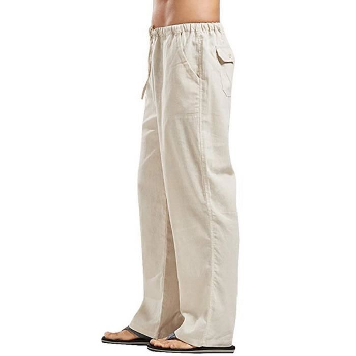 Pantalon Ete Homme en Lin Respirant Taille Elastique Coupe Droite Pantalon  Couleur Unie Sans Repassage Beige - Cdiscount Prêt-à-Porter