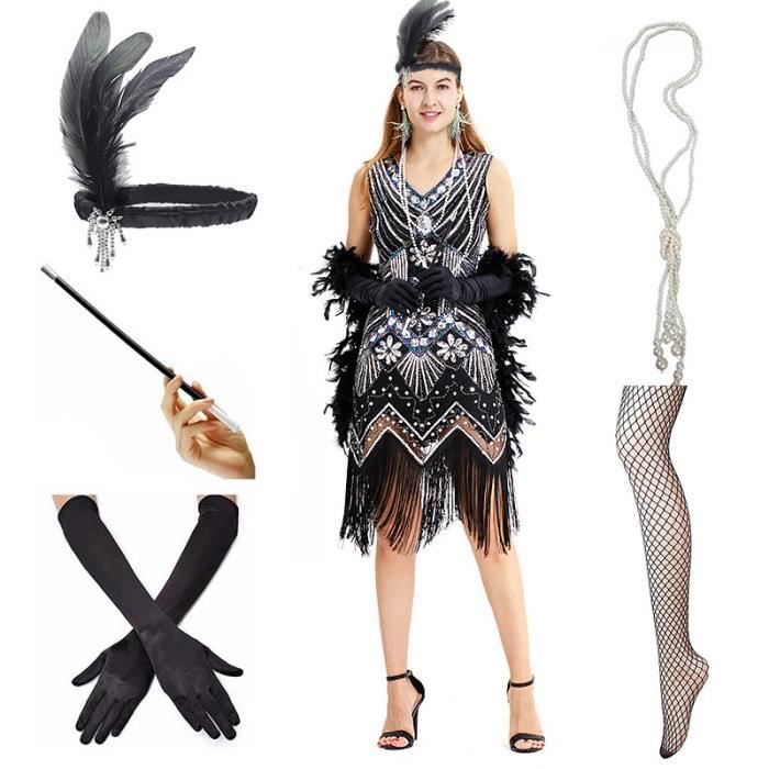 Robe Robes de Soiree pour Femme a Sequins et a Franges Theme Great Gatsby Vetement avec Ensemble d Accessoires des apricot set Blanc Cdiscount Pret a Porter