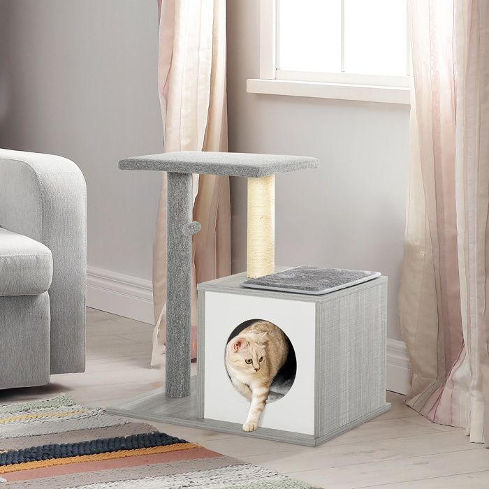 Arbre à Chat Confortable PawHut Avec Griffoirs En Sisal, Niche, Plateformes Et Jouets – Gris Douillet Pour L'épanouissement De Votre Chat