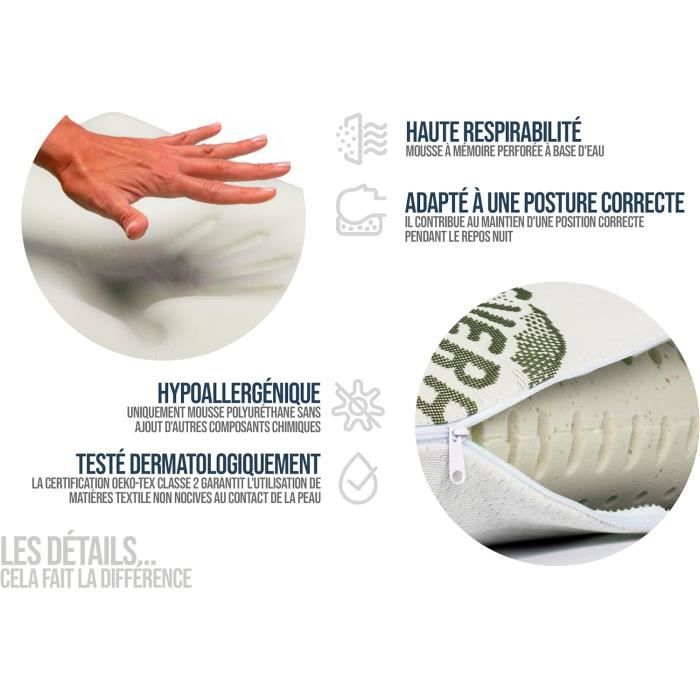 Oreiller Ergonomique Cervical Mémoire De Forme - Pour Dormir Sur Le Dos Et Le Côté - Housse Lavable - Blanc - 62x37 Cm
