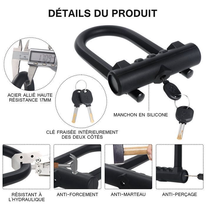 Antivol De Vélo, Antivol En U Pour Vélo Avec 1,2 M Flex Acier Cable Et Support De Montage Robuste Pour Velo Bicyclette Scooters Etc 91809169