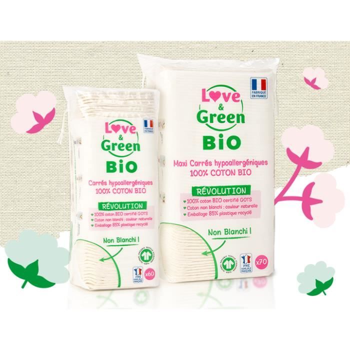 Love & Green Hygiène Bébé Coton Maxi Carré Bio 70 unités